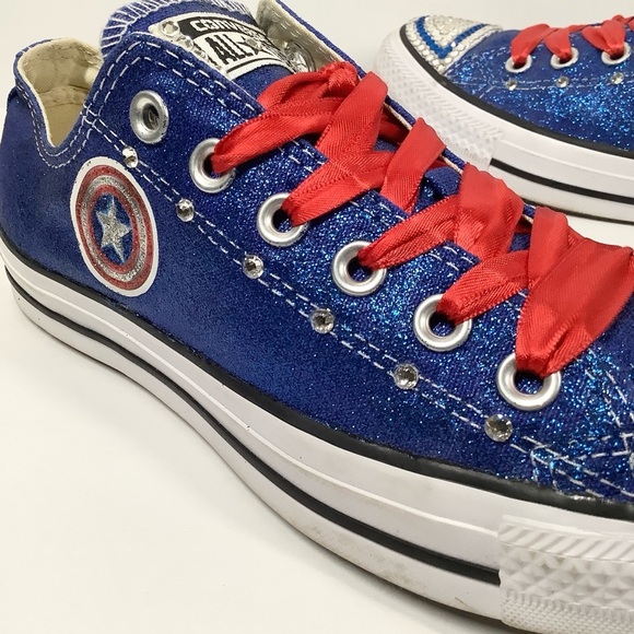 CONVERSE Custom Glitter Sneakers Swarovski Crystals Red White Blue USA Women 8 - Picture 4 of 15